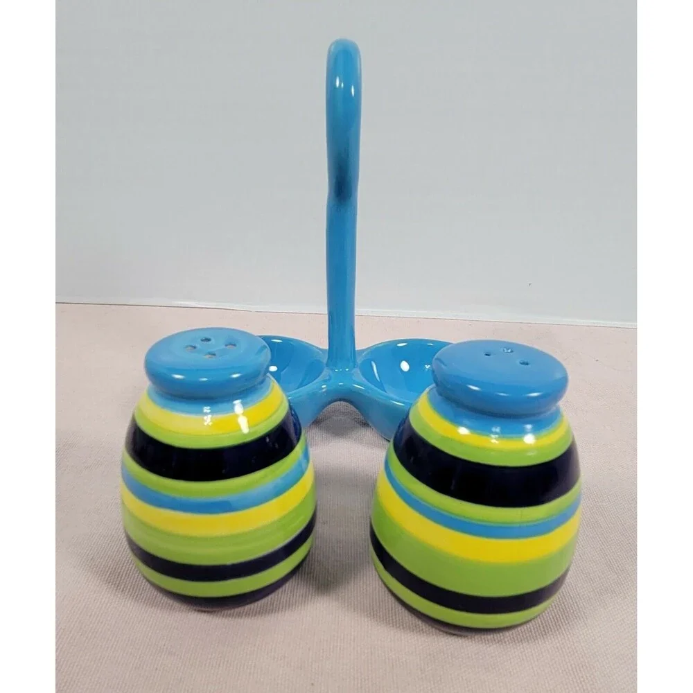 Ceramic Salt & Pepper Shakers with Holder- Blue green yellow multicolor